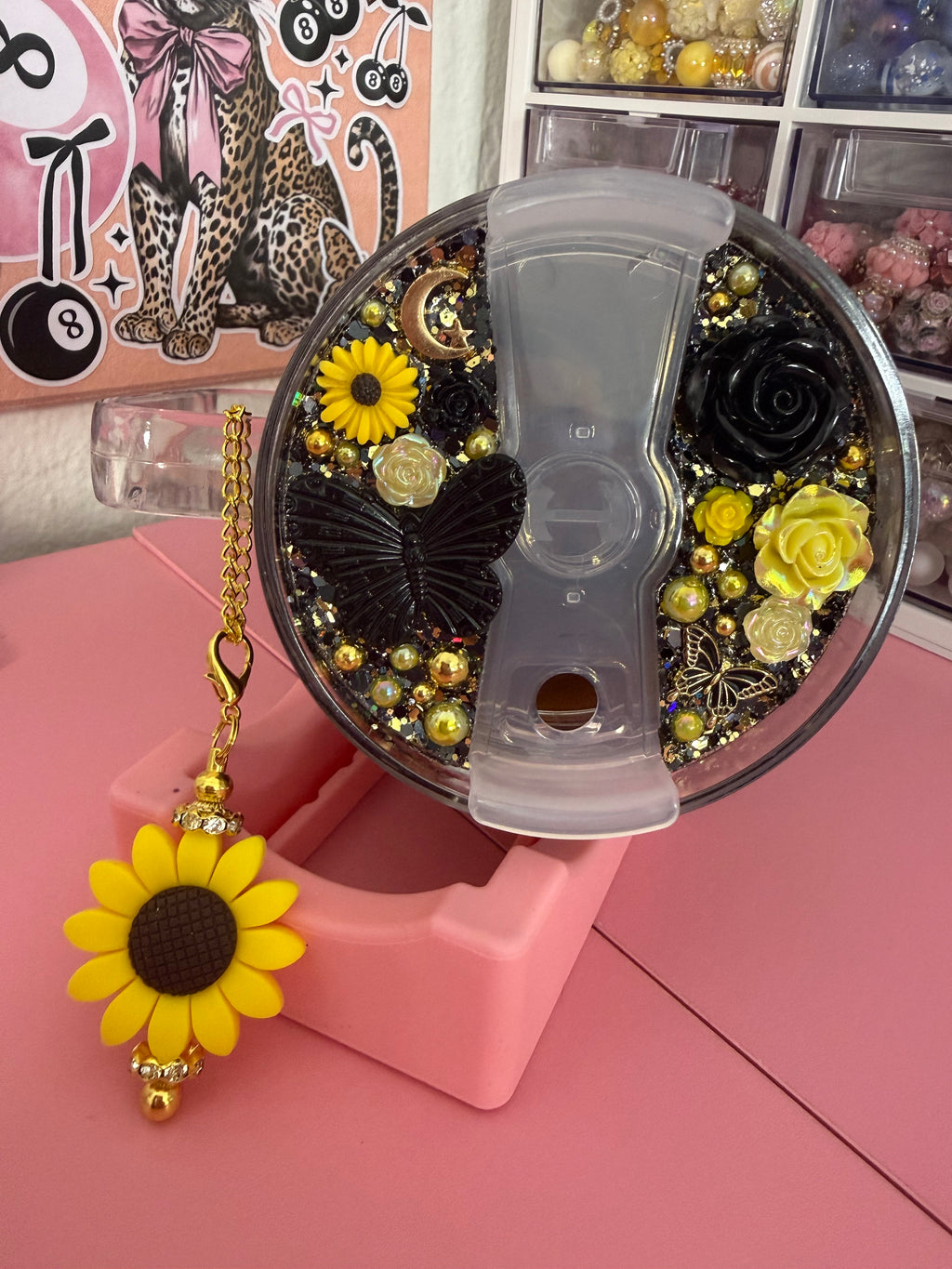 40oz black and gold dual lava acrylic tumbler with custom lid and cup charm