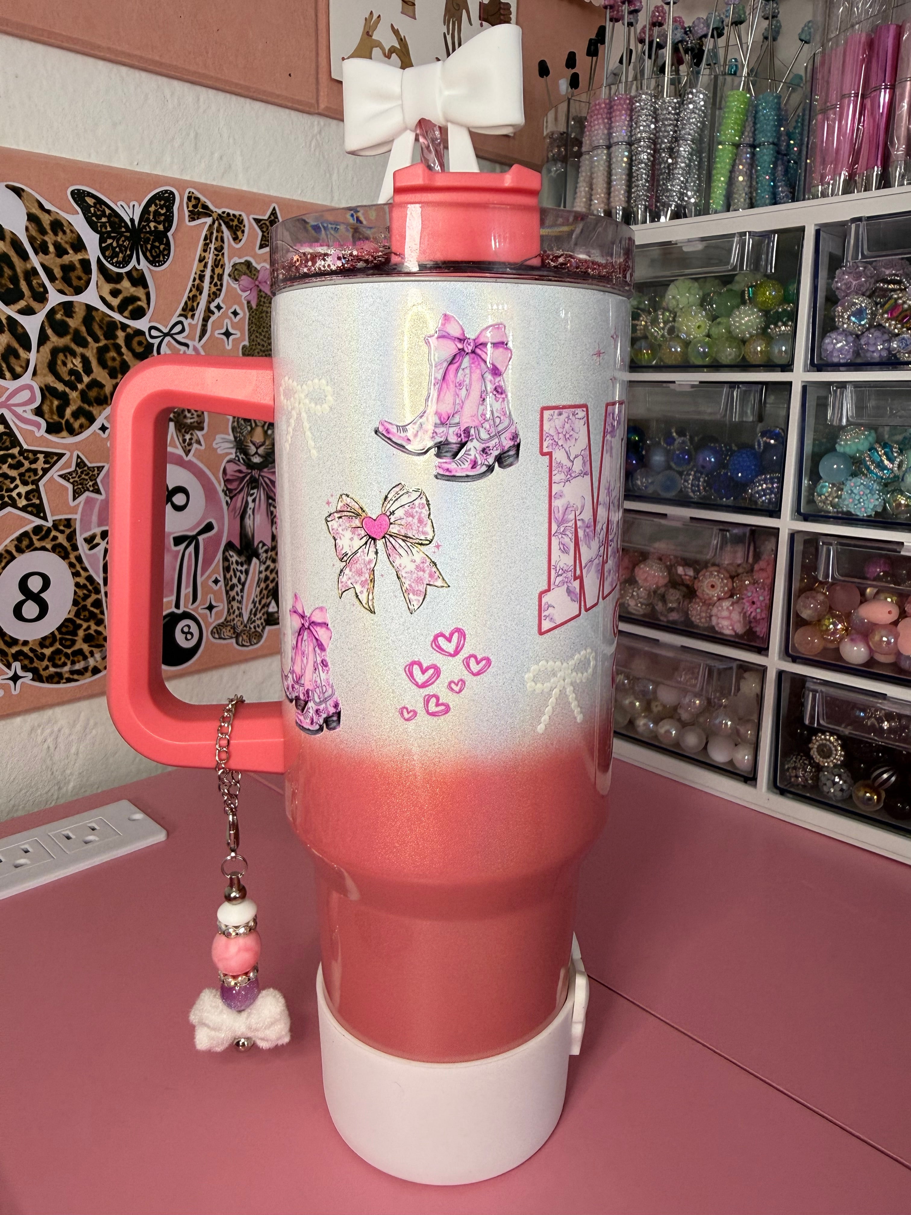 40oz stainless steel Mama tumbler fully loaded with a custom lid, cup charm and boot