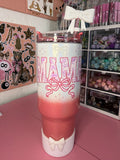 40oz stainless steel Mama tumbler fully loaded with a custom lid, cup charm and boot