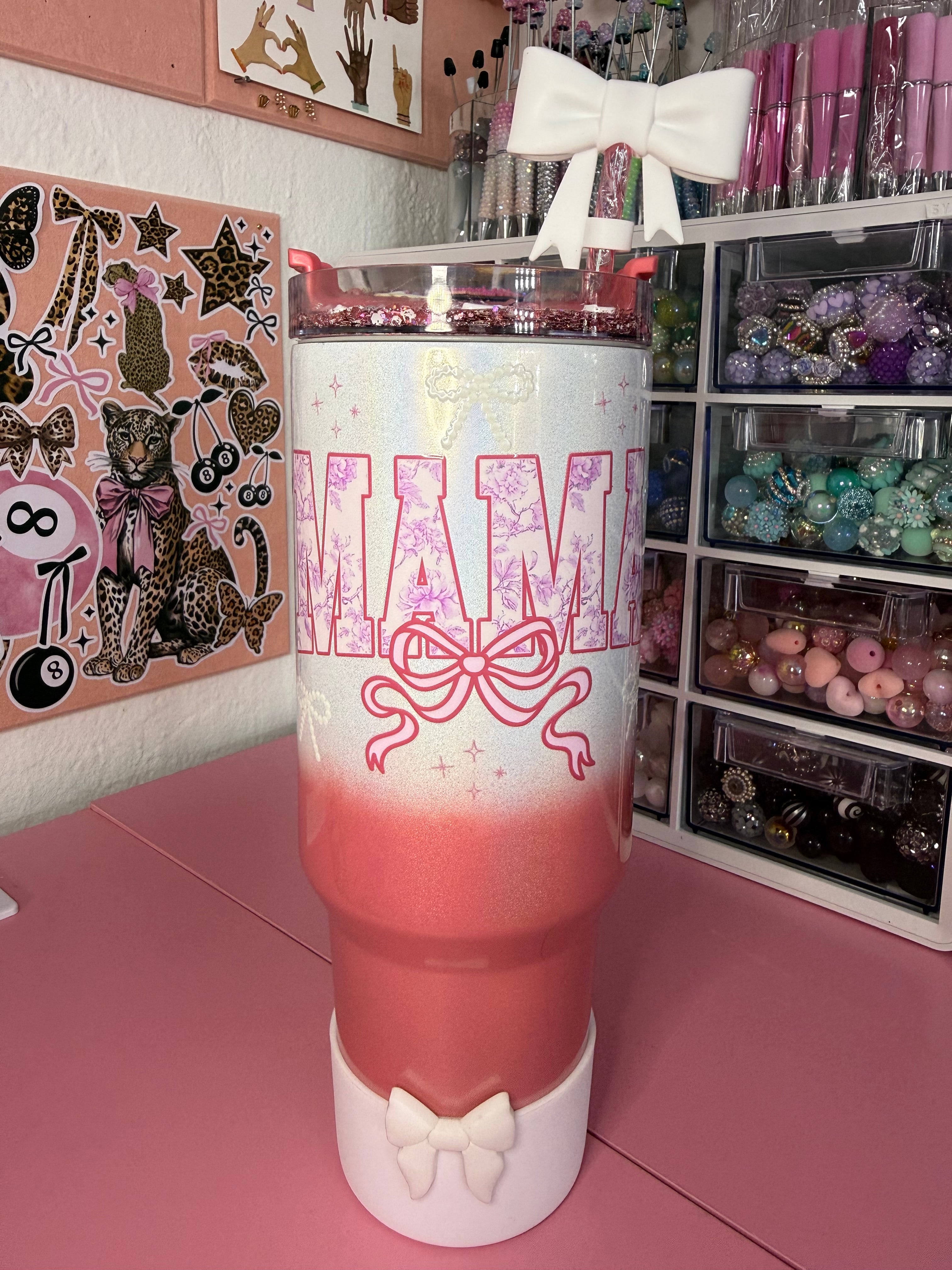 40oz stainless steel Mama tumbler fully loaded with a custom lid, cup charm and boot