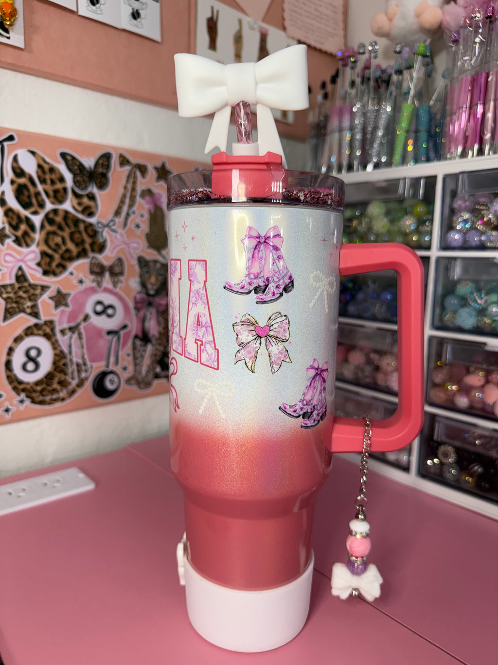 40oz stainless steel Mama tumbler fully loaded with a custom lid, cup charm and boot