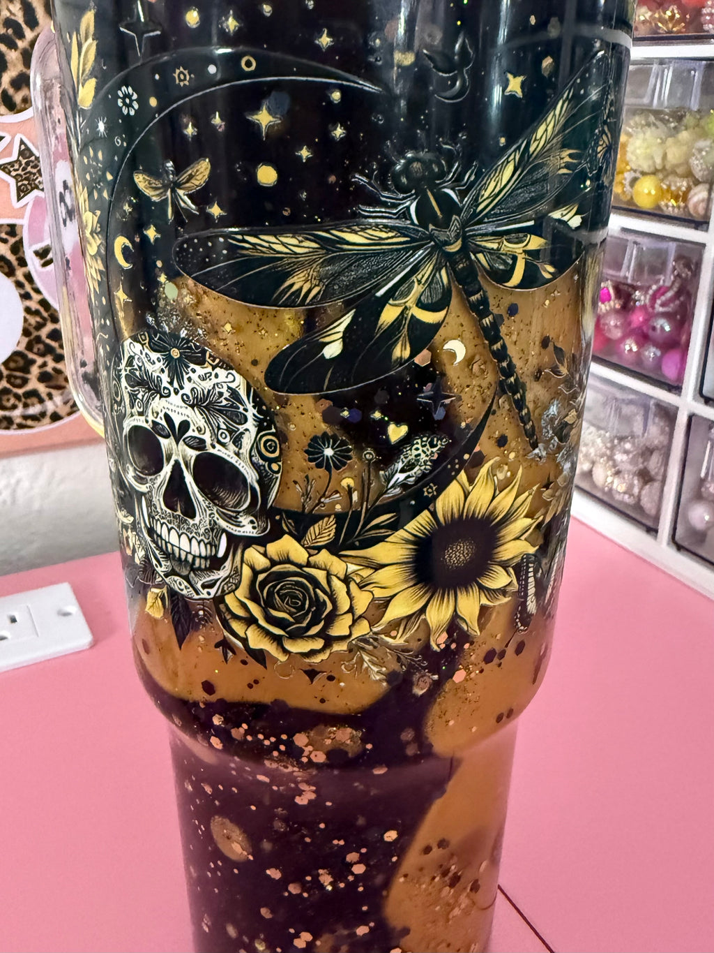40oz black and gold dual lava acrylic tumbler with custom lid and cup charm
