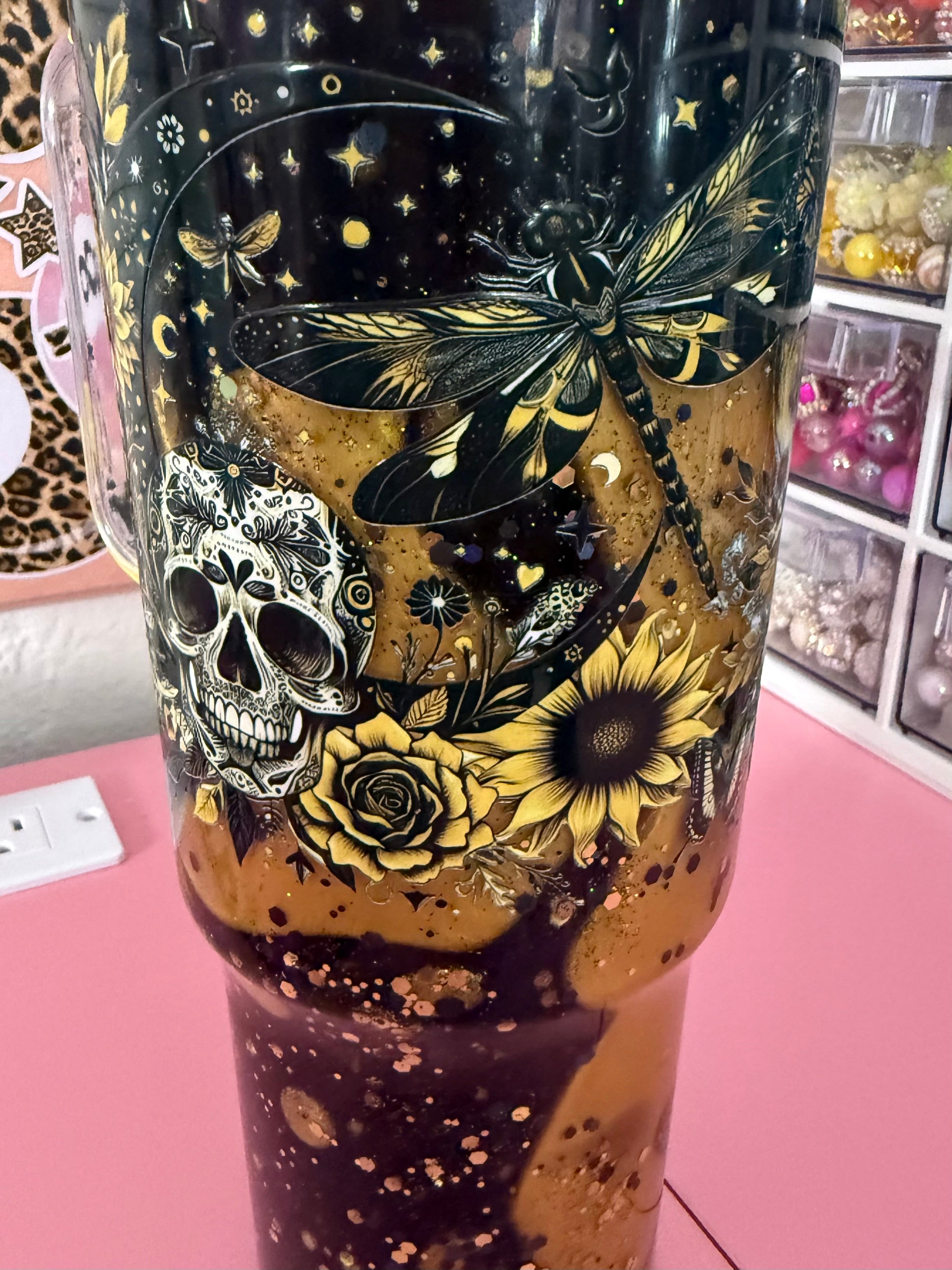 40oz black and gold dual lava acrylic tumbler with custom lid and cup charm