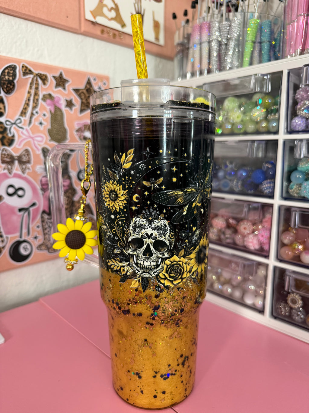 40oz black and gold dual lava acrylic tumbler with custom lid and cup charm