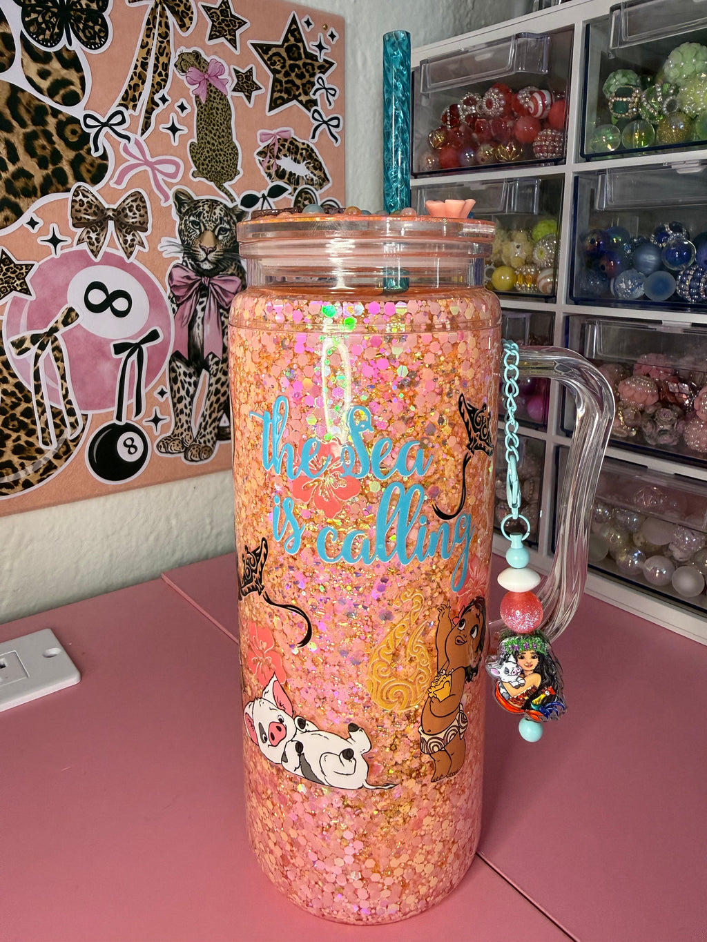 20oz acrylic suspended tumbler with handle. Moana with a custom lid and cup charm!!