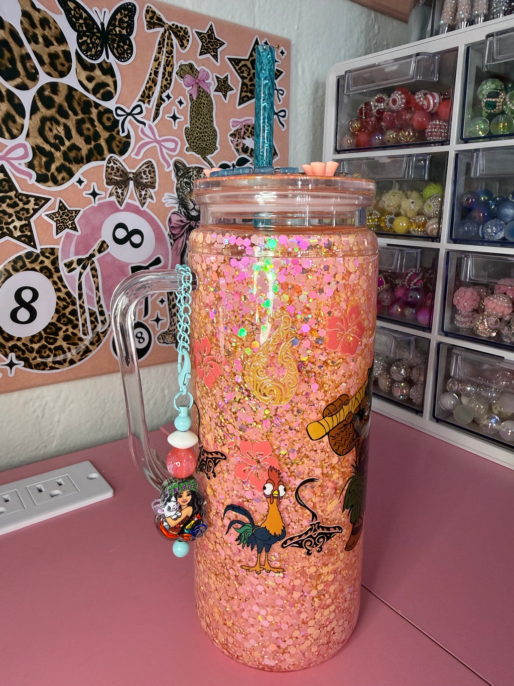 20oz acrylic suspended tumbler with handle. Moana with a custom lid and cup charm!!