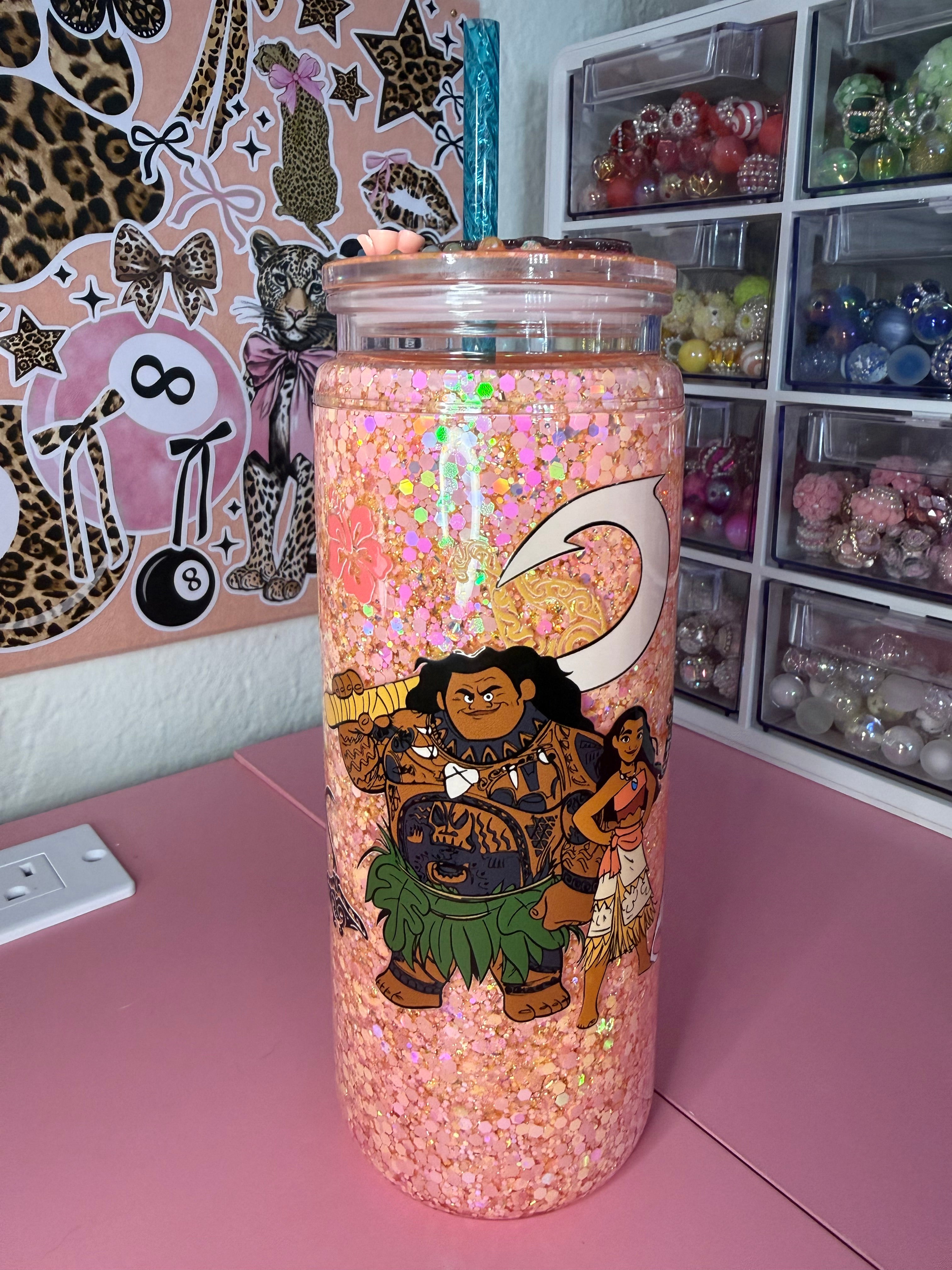 20oz acrylic suspended tumbler with handle. Moana with a custom lid and cup charm!!