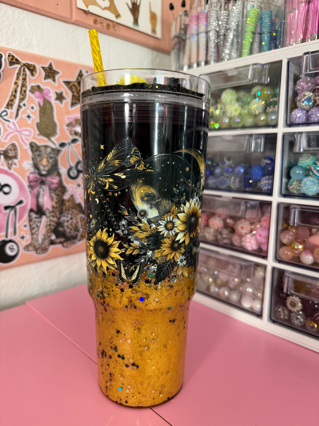 40oz black and gold dual lava acrylic tumbler with custom lid and cup charm