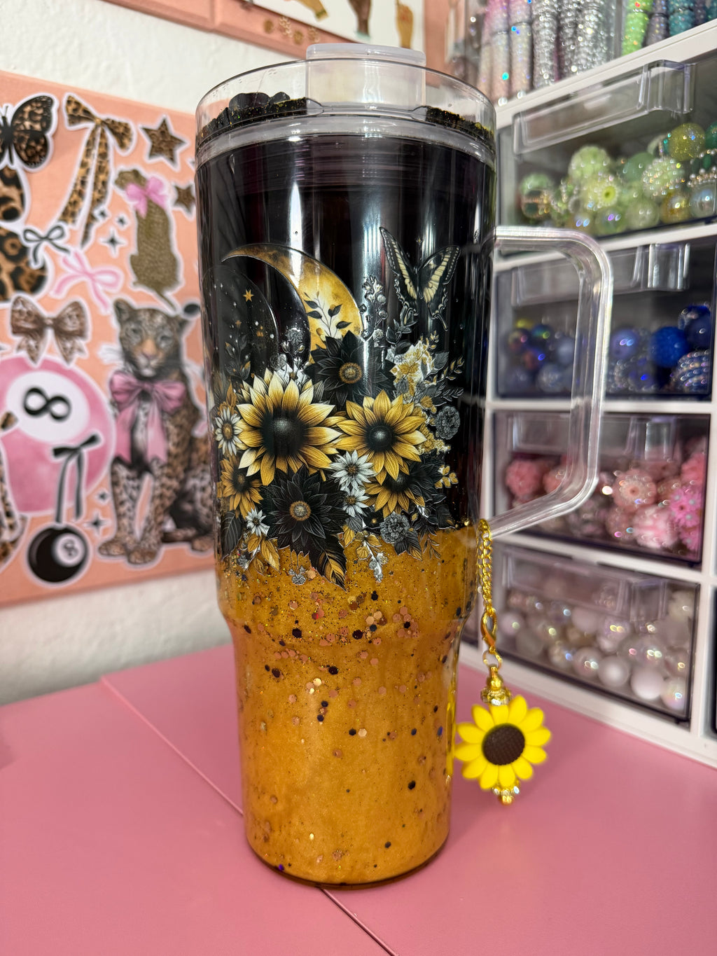 40oz black and gold dual lava acrylic tumbler with custom lid and cup charm