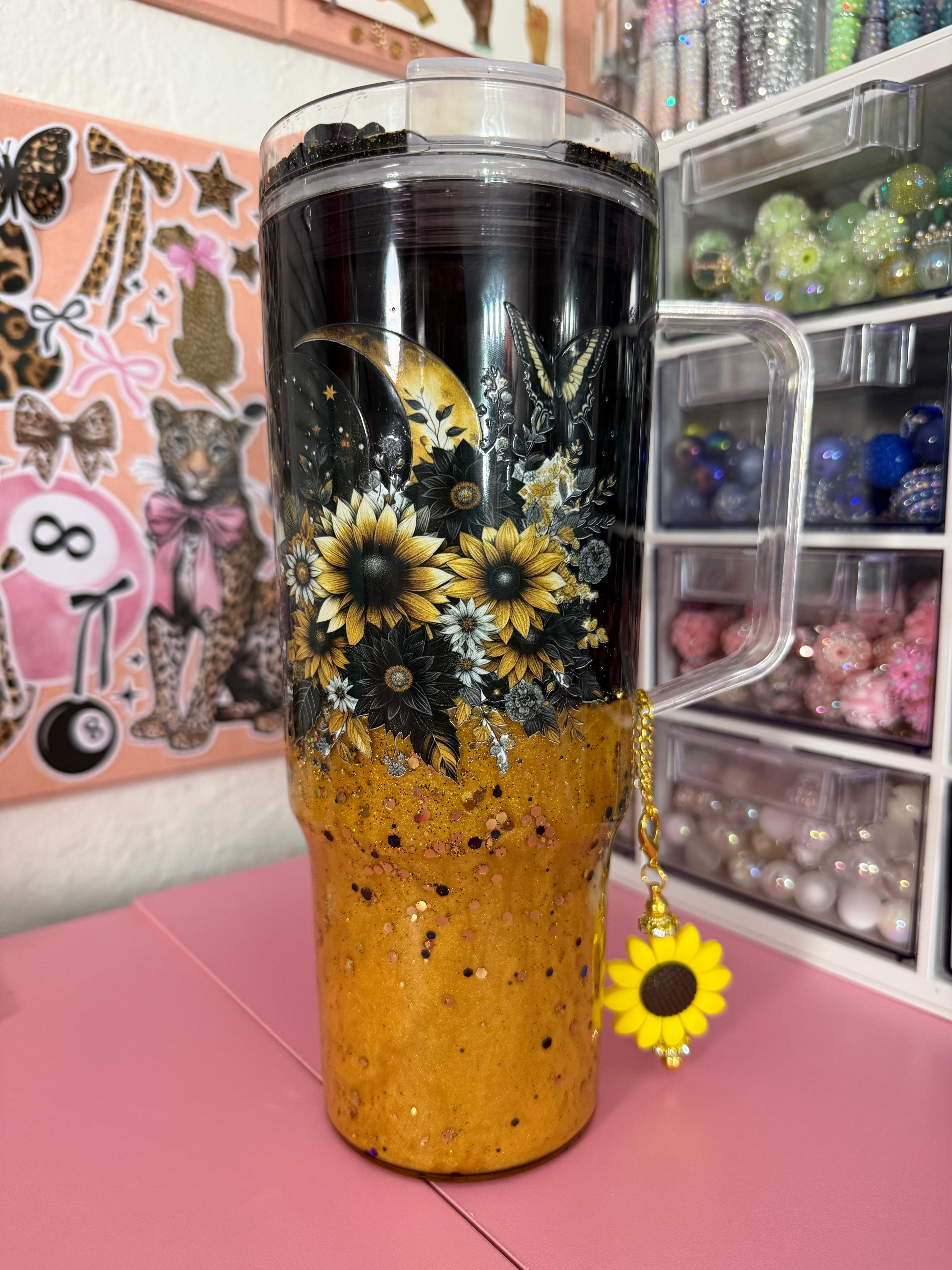 40oz black and gold dual lava acrylic tumbler with custom lid and cup charm